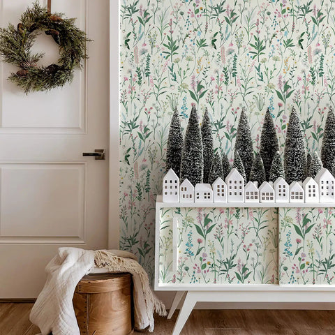 Room decorated with Peel And Stick Floral Wallpaper Vinyl Roll Easy Install 17.3 Inch Wide By 393.7 Inch Long Covers 47.4 Sq Ft For Kitchen Cabinets And Furniture Vintage Flower Pattern DIY Friendly Renter Approved, featuring vintage flower design with small trees and house ornaments.