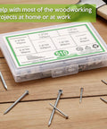 510 Piece Stainless Steel Nails Kit With 7 Sizes For Woodworking Fencing Furniture And DIY Projects Pro Grade Rust Resistant Easy Grab Fasteners To Power Through Projects And Save Time in a transparent storage case on a wooden surface