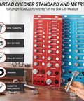 Red and blue Nut And Bolt Size Finder And Thread Checker Kit with 62 Thread Sizes, 25 Metric and 25 SAE Gauges displayed on a table.