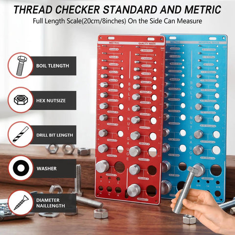 Red and blue Nut And Bolt Size Finder And Thread Checker Kit with 62 Thread Sizes, 25 Metric and 25 SAE Gauges displayed on a table.