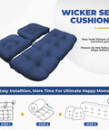 Wicker Chair Cushions Set Waterproof Outdoor Cushions For Patio Furniture 3 Piece Blue With 1 Loveseat And 2 U Shaped Cushions