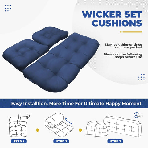 Wicker Chair Cushions Set Waterproof Outdoor Cushions For Patio Furniture 3 Piece Blue With 1 Loveseat And 2 U Shaped Cushions