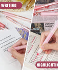 Rose Series Gel Pens Set Of 12 With Black And Pink Ink 0.5mm Fine Point shown writing and highlighting on paper.