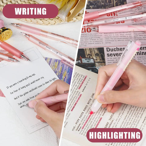 Rose Series Gel Pens Set Of 12 With Black And Pink Ink 0.5mm Fine Point shown writing and highlighting on paper.