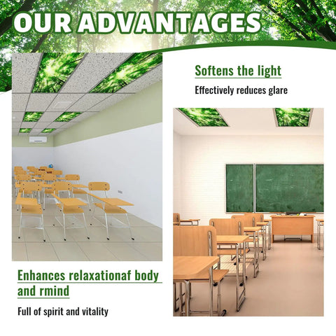 Four Pack 4x2 Feet Fluorescent Light Covers With Magnetic Filters For Classrooms, Offices, Homes And Hospitals Forest Green Decorative Ceiling Shade Easy Snap Fit Keeps Glow Soft And Glare Free shown in a classroom ceiling, reducing glare.