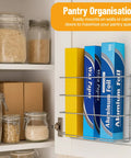 Kitchen Wrap Organizer Set 2 Pack For Foil Plastic Wrap Wax Paper And Bags Mountable Over Cabinet Door Or Wall Rack shown installed on cabinet door holding foil and wax paper.