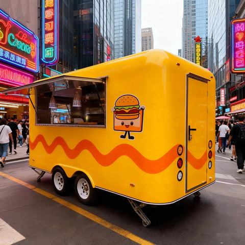 Mobile Food Truck And Snack Cart For Sale Featuring Custom Commercial Trailer Built For Coffee Stands And Burger Joints, bright yellow exterior.