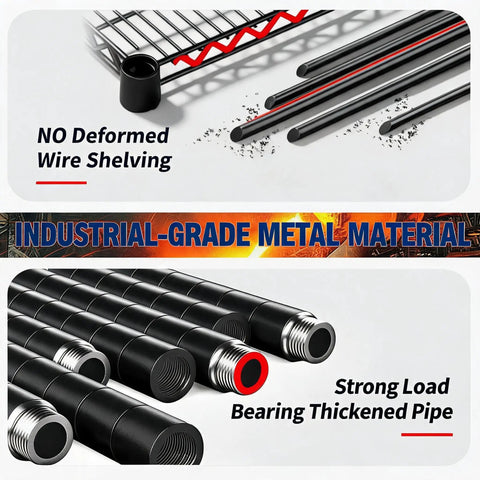 Metal 4 Tier Shelving Unit For Garage And Home Storage showing wire shelves and strong load-bearing industrial-grade pipes.