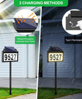 Solar Powered Address Sign With LED House Numbers White Warm RGB Illumination, IP65 Waterproof Outdoor Plaque For Home, Yard, Garden Or Mailbox with Efficient Polysilicon Solar Panel and Type C Rechargeable Feature Showcased