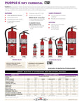 Image of various sizes of Purple K dry chemical fire extinguishers, highlighting the 5 lb Purple K Dry Chemical Fire Extinguisher With Strap 30B C Rating 12 To 18 Foot Reach Stored Pressure Design Easy To Maintain And Service Large Loop Pull Pin Perfect For Shops Garages And Job Sites in a product comparison chart.