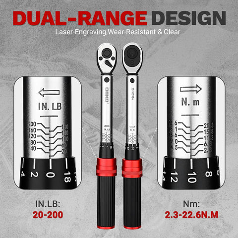 Pro Grade 26 Piece Bike Torque Wrench Set With One Quarter Inch Drive For Mountain Bikes, 20 To 200 InLb Range, 2.3 To 22.2 Nm, 72 Tooth Dual Direction Adjustable, Includes Bits Sockets Extension Bar And Universal Joint. Dual-range torque wrench display, 20-200 in-lb and 2.3-22.6 Nm