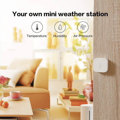 Zigbee Temperature And Humidity Sensor for home automation with wireless thermometer and hygrometer in living room setup