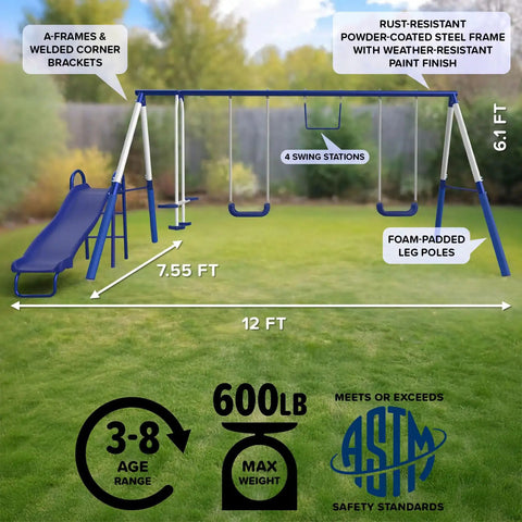 Arcadia Metal Swing Set For Kids With Trapeze And Two Person Glider, Five Foot Wave Slide, Anchor Kit, 6.1 Foot Durable Steel Frame