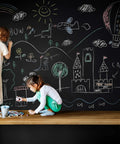 Kids drawing on wall using Chalkboard Paint Kit Two Pack Black Brush On Dope Finish Delivers Smooth Writable And Erasable Slate
