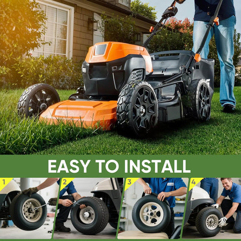 2 Pack 4.80 4.00 8 Inner Tubes With TR 13 Straight Valve shown on lawn mower in garden with easy installation steps