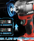 Mgym 500Nm Cordless Impact Wrench 1/2 Inch Electric Driver showcasing high/low speed control settings 0-3300RPM.