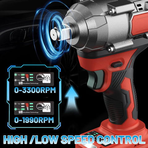 Mgym 500Nm Cordless Impact Wrench 1/2 Inch Electric Driver showcasing high/low speed control settings 0-3300RPM.
