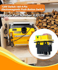 Heavy Duty 120V 16A 4 Pin Electromagnetic Push Button Switch for Industrial Control Panels shown with tools and woodshop setting.