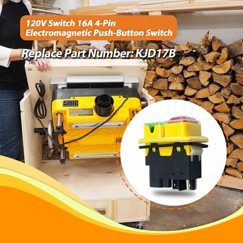 Heavy Duty 120V 16A 4 Pin Electromagnetic Push Button Switch for Industrial Control Panels shown with tools and woodshop setting.