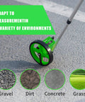 Six Inch Measuring Wheel With No Fuss One Key Reset Telescopic Mechanical Distance Meter on gravel and grass surface
