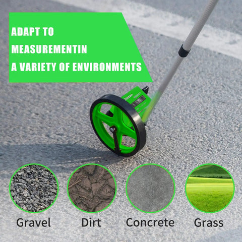 Six Inch Measuring Wheel With No Fuss One Key Reset Telescopic Mechanical Distance Meter on gravel and grass surface
