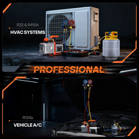 Shop Grind 1.5HP Dual Stage AC Vacuum Pump Paired With Four Port Manifold Gauge Set For No Sweat HVAC Refrigerant Extraction And Auto AC Repair Work in use with HVAC systems.