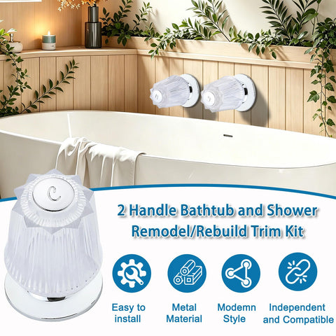 Two Piece Bathtub And Shower Knob Replacement Kit With Clear Acrylic Handles, Stems, Seats, Flanges Displayed by Bathtub