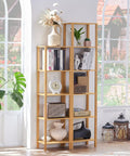 Five Tier Tall Narrow Bookshelf Takes Up Zero Floor Space While Holding All Your Favorites In A Smooth Natural Finish, showcasing books and decor.