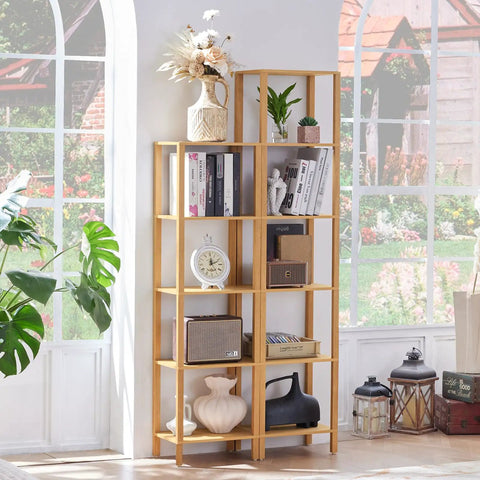 Five Tier Tall Narrow Bookshelf Takes Up Zero Floor Space While Holding All Your Favorites In A Smooth Natural Finish, showcasing books and decor.