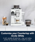 One Touch Automatic Espresso Machine With Integrated Grinder And Smart Milk Frother In Sleek White delivering espresso with iced coffee and a milk frother.