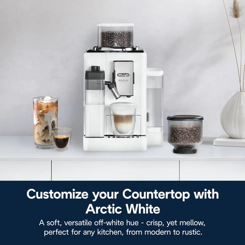 One Touch Automatic Espresso Machine With Integrated Grinder And Smart Milk Frother In Sleek White delivering espresso with iced coffee and a milk frother.