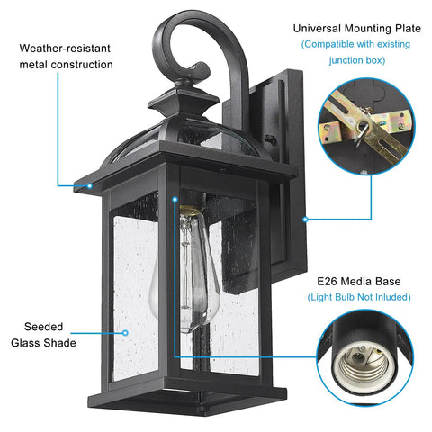 Outdoor Wall Light Sconce With Seeded Glass Weatherproof Aluminum Exterior Fixture for House Front Porch and Patio