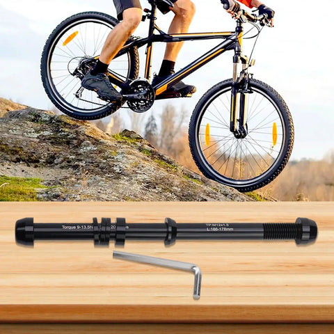 Beefed Up Heavy Duty Adjustable Thru Axle Skewer For Bike Trainers 12x142 to 148mm, CNC Aluminum Alloy on a wooden platform