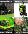 40V 21-Inch Self-Propelled Lawn Mower With Brushless Motor And Traction, demonstrating features like vertical storage and dual battery port