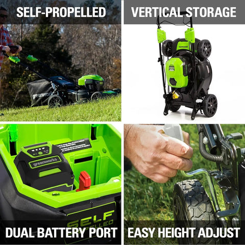 40V 21-Inch Self-Propelled Lawn Mower With Brushless Motor And Traction, demonstrating features like vertical storage and dual battery port