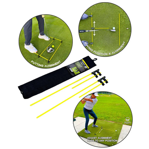 Golf training kit with four yellow fiberglass rods for alignment practice, highlighting putting stance, club alignment, and swing position.