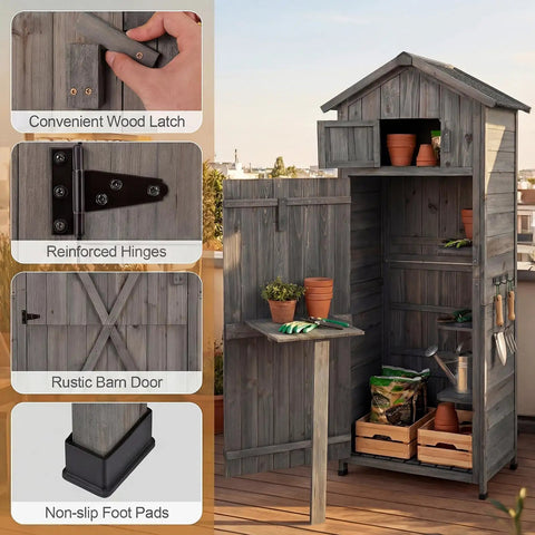 Outdoor Wooden Storage Shed With Tall Vertical Tool Cabinet Folding Table And Removable Shelves For Your Patio Deck Backyard And Lawn Grey Finish 30x20x70 Inches featuring wood latch, hinges, barn door, and foot pads.