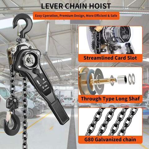 Manual Lever Chain Hoist 2 Ton Come Along 4400 Lbs Capacity 10 Ft Long Reach Galvanized G80 Carbon Steel For Garage Use