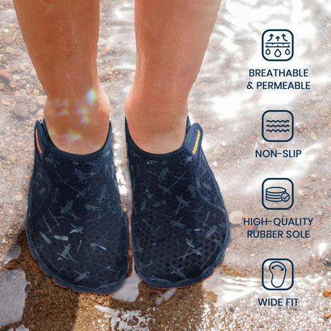 Kids Barefoot Water Shoes with Kid Friendly Wide Toe Box for swim beach showing flexible non-slip sole and breathable mesh