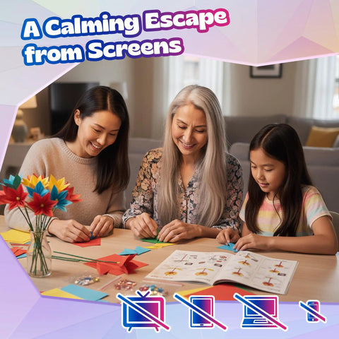 Family enjoying Origami Paper Craft Kit For Kids Ages 6 To 12 With 100 Colored Sheets, 20 Bendable Stems, 30 Buttons And Jewels book