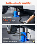 Blue air-hydraulic bottle jack with manual pump; front and side views under a car.