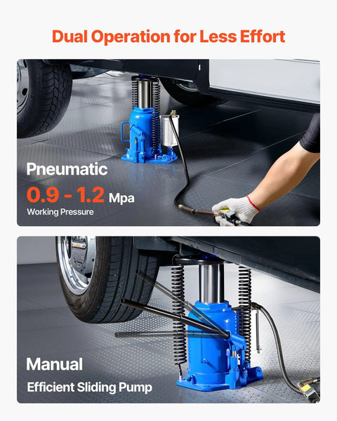 Blue air-hydraulic bottle jack with manual pump; front and side views under a car.