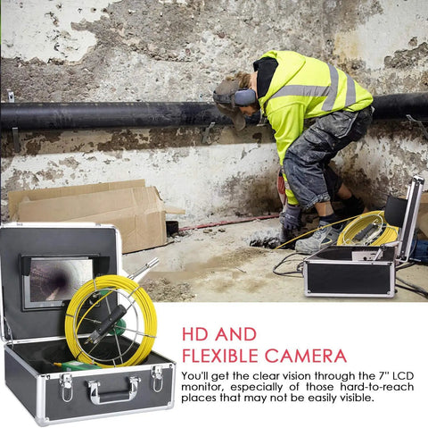 Heavy Duty Pipe Inspection Camera With Seven Inch Lcd Screen And Built In Dvr Ip68 Waterproof Drain Scanner 22Mm Cable in use at plumbing site.
