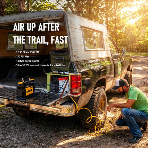 Heavy Duty 12V Air Compressor For 4X4 Trucks Portable Dual Cylinder Tire Inflator With 150 Psi Output and LCD Panel in use at sunset