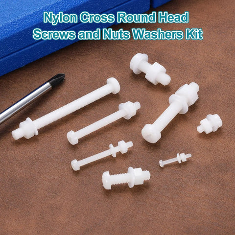 Premium Top Shelf M6x50 Millimeter Nylon Phillips Cross Head Bolt And Nut Assortment Kit With Flat Washers arranged on a table.
