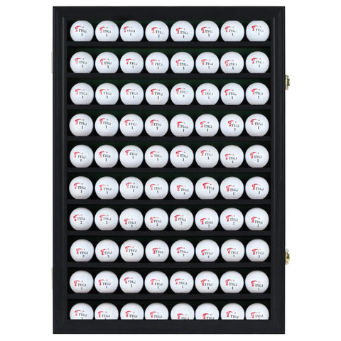 80 Golf Ball Display Case Cabinet With Solid Wood Frame UV Protected Lockable Acrylic Door Wall Mounted Or Stand Black Finish