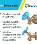 Straight Up Pro Grade 3/4 Inch Push To Connect Brass Hose Bibb With 90 Degree Multi Turn Shut Off Valve For Pex Copper CPVC And Outdoor Hookups Hella Reliable For Tight Spaces showing installation features.