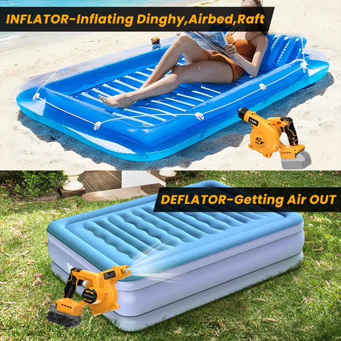 Cordless Leaf Blower And Vacuum inflating airbed and deflating mattress with 20V Max compatible setup