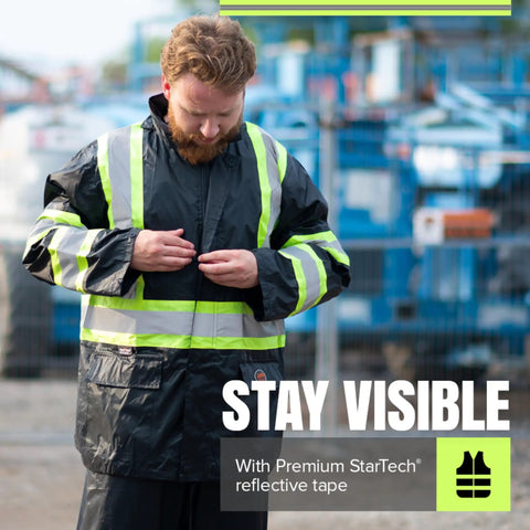 High Visibility Lightweight Waterproof Safety Rain Suit Featuring Reflective Work Jacket, male adjusting zipper in outdoor setting.