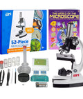 Rock Solid 1200X Monocular Compound Microscope With Killer LED Lighting And A Straight Up 52 Piece Science Starter Kit For Students Crushing Biology And Chemistry Labs set with various tools and educational materials.